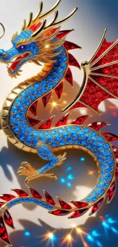 Vibrant blue dragon with red wings and intricate details