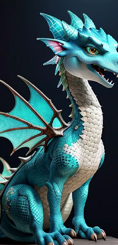 Vibrant blue dragon with scales on fantasy wallpaper, ideal for phones.