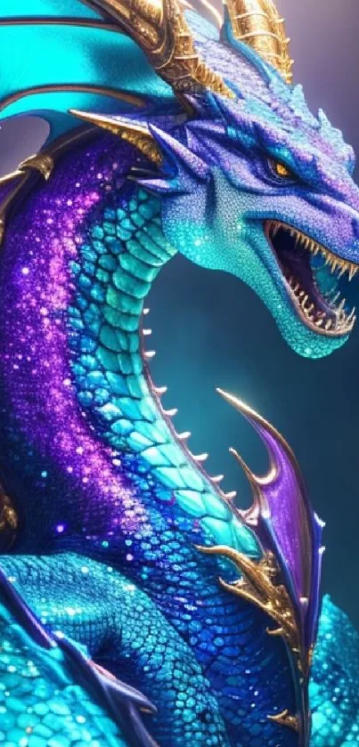 Vibrant blue dragon with shimmering scales and mystical glow.