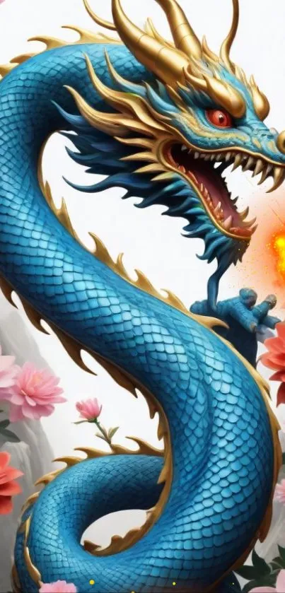 Blue dragon with gold accents coiled amid pink flowers breathing fire.