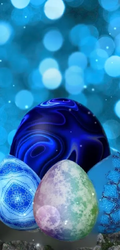 Blue eggs with bokeh background on mobile wallpaper.