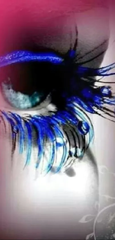 Abstract eye with vibrant blue lashes in artistic wallpaper design.