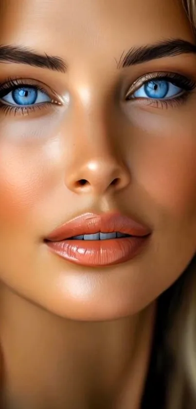 Close-up of vibrant blue eyes and glossy lips in elegant portrait.