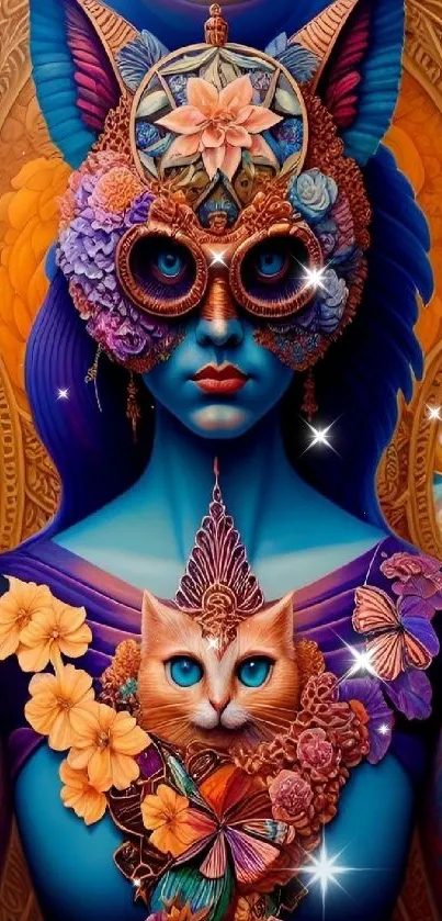 Vibrant fantasy art with blue theme featuring intricate design elements.