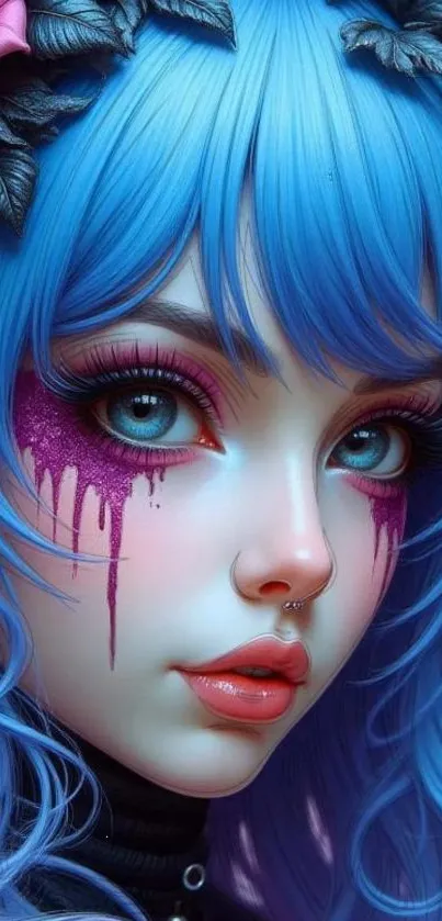 Fantasy art with blue hair and neon eyes.