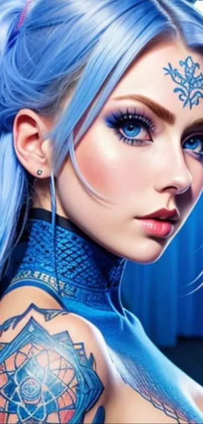 Vibrant blue fantasy art character with tattoo and bright eyes.