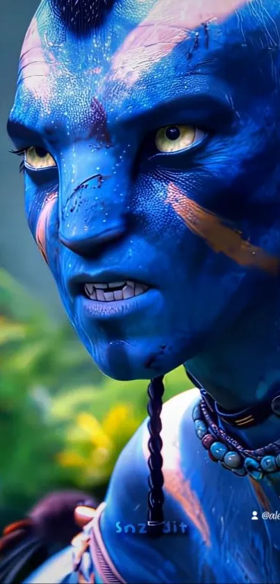 Close-up of blue fantasy creature with intricate facial design.