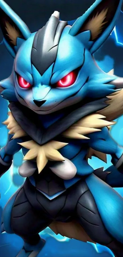 Fierce blue creature with red eyes on an electric background.