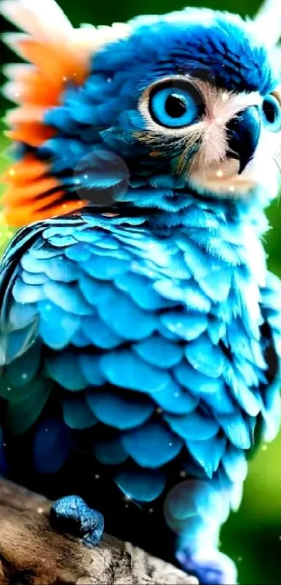 Vibrant blue fantasy owl with colorful feathers on a branch.