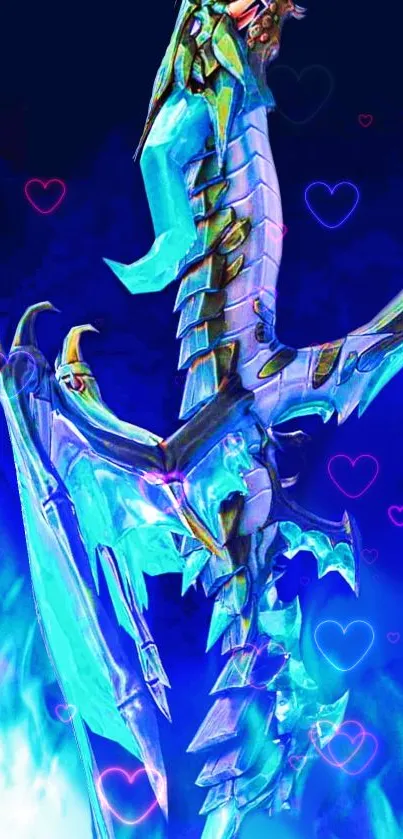 Mobile wallpaper featuring a vibrant blue fantasy sword with glowing hearts.