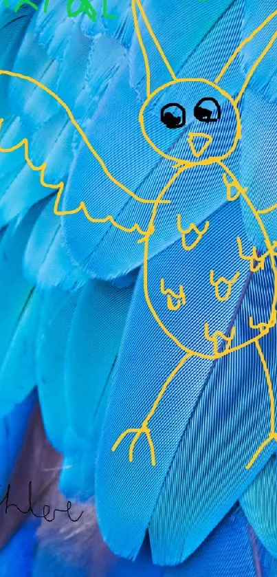 Vibrant blue feather wallpaper with playful yellow doodle art.