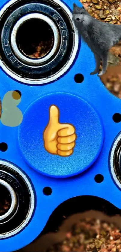 Vibrant blue fidget spinner design with emojis and a wolf.