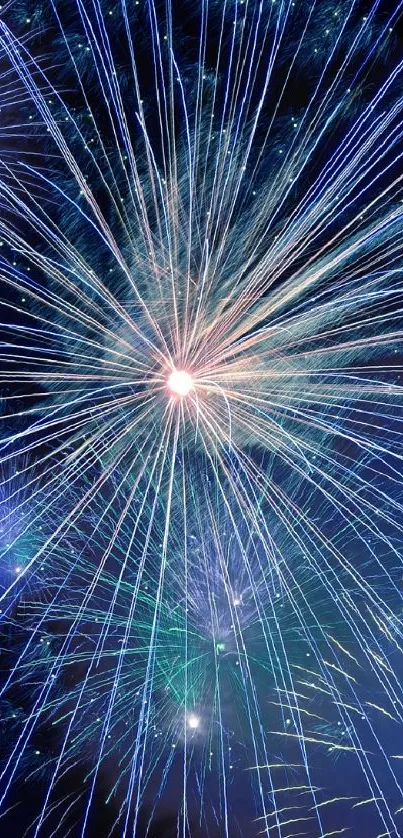 Blue fireworks explosion creating a vibrant display in the night sky.