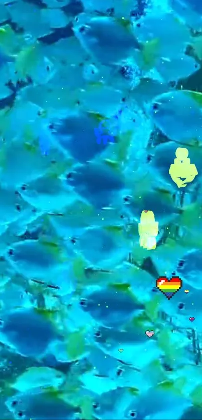 Vibrant blue fish swim in a colorful underwater scene.