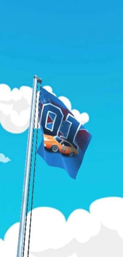 Blue flag with car design on a bright sky background.