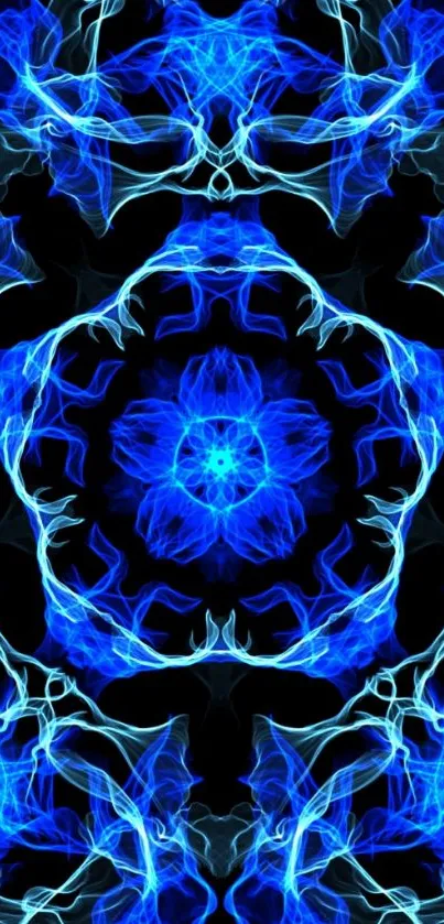 Intricate electric blue flame art pattern on a dark background.