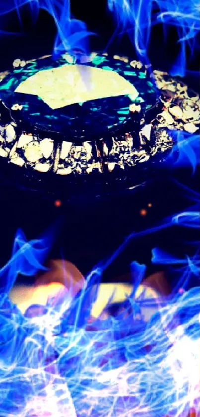 Blue gemstone ring amidst vivid flames wallpaper.