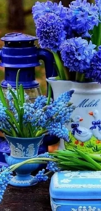 Bright blue flowers in ceramic pots on a rustic background