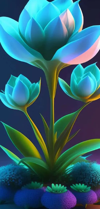 Vibrant blue flower with glowing petals in a mesmerizing digital art design.