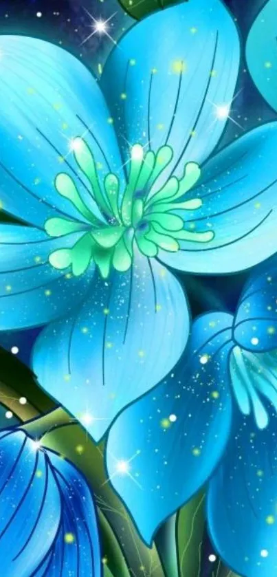 Vibrant blue floral art wallpaper with mystical, glowing flowers.