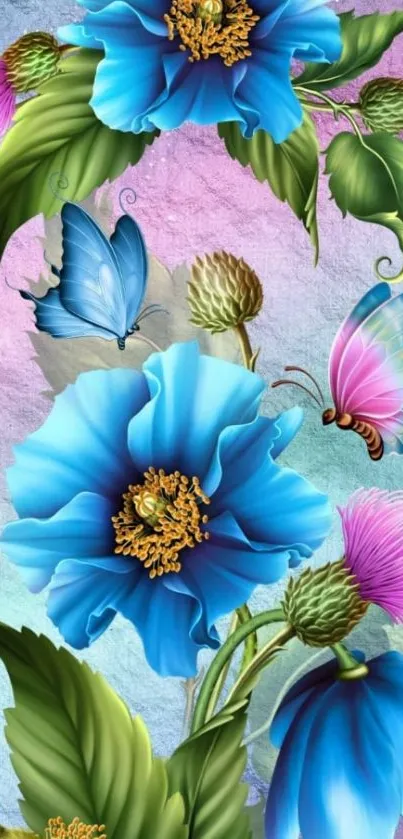 Vibrant blue floral wallpaper with butterflies and lush greenery.