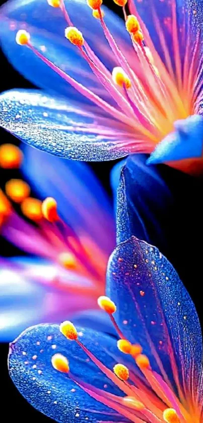 Vibrant blue flowers with pink centers on a dark background.