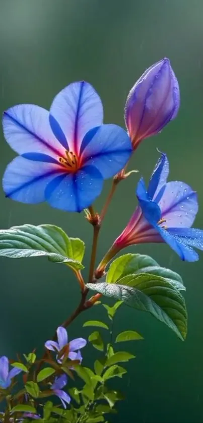 Blue flower with green leaves on a vibrant background