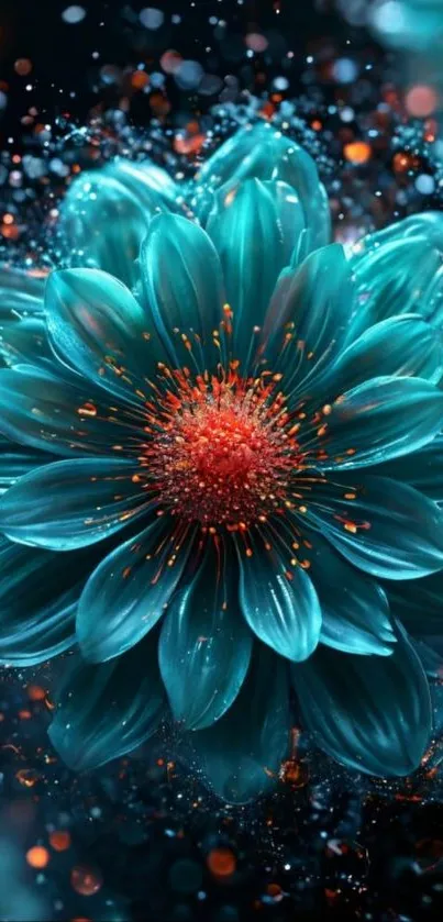 Vibrant blue flower with sparkling particles.