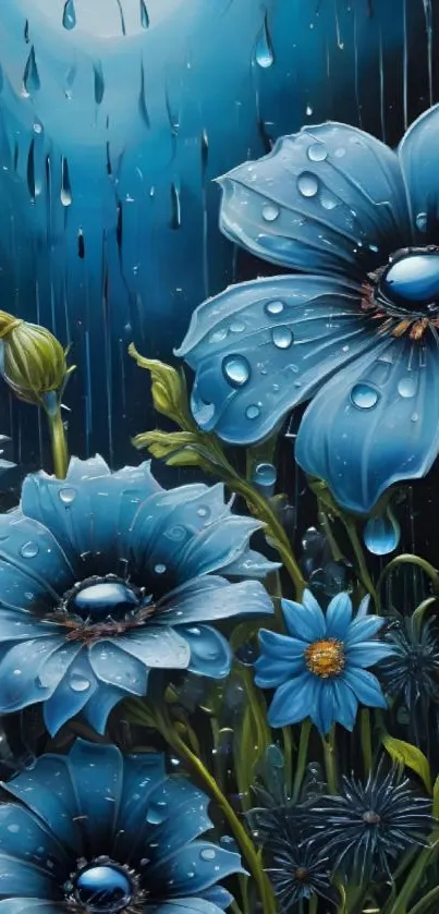 Blue flowers with raindrops under a night sky.