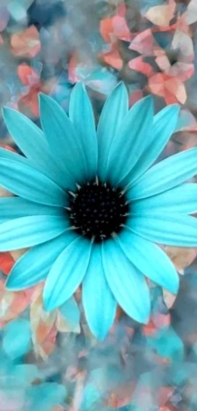 Vibrant blue daisy on artistic floral background.