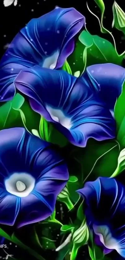 Vibrant blue flowers with green leaves on mobile wallpaper.