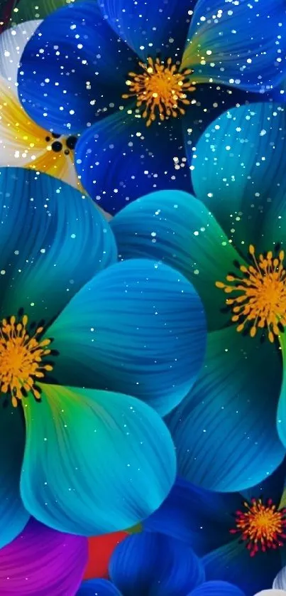 Vibrant blue floral phone wallpaper with colorful flowers.