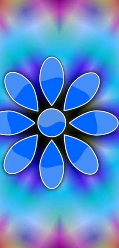 Vibrant blue flower with colorful kaleidoscope background wallpaper.