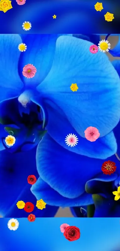 Blue floral wallpaper with vibrant blossoms.