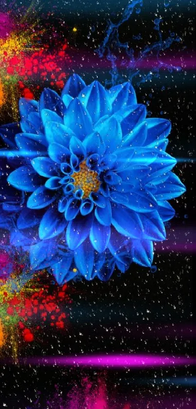 Vibrant blue flower with colorful splashes on a mobile wallpaper.