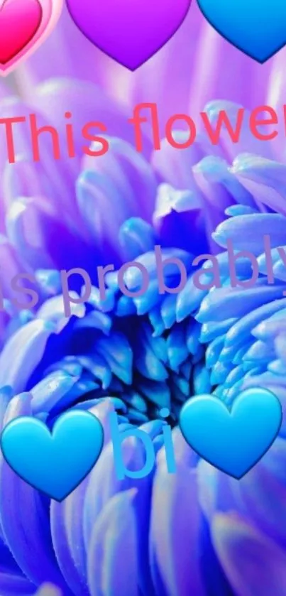 Vibrant blue flower with hearts and text overlay.