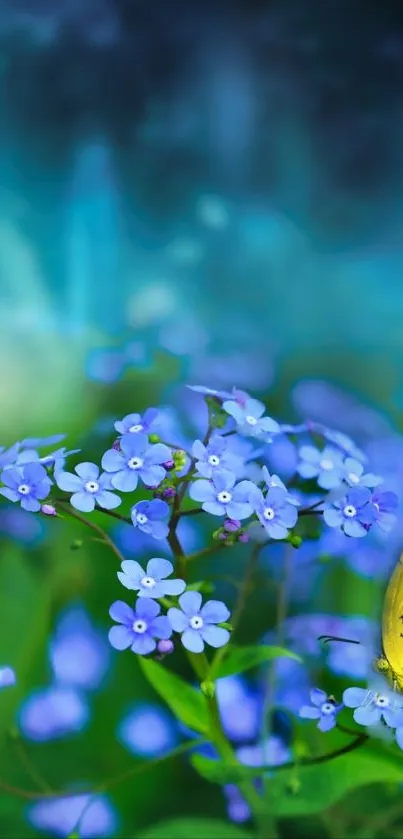 Blue flowers with a yellow butterfly in a serene setting.