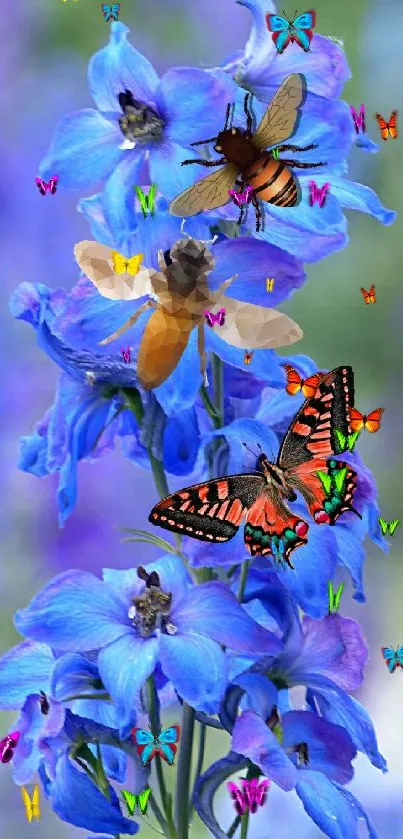 Vivid blue flowers with butterflies and a bee in lush nature.