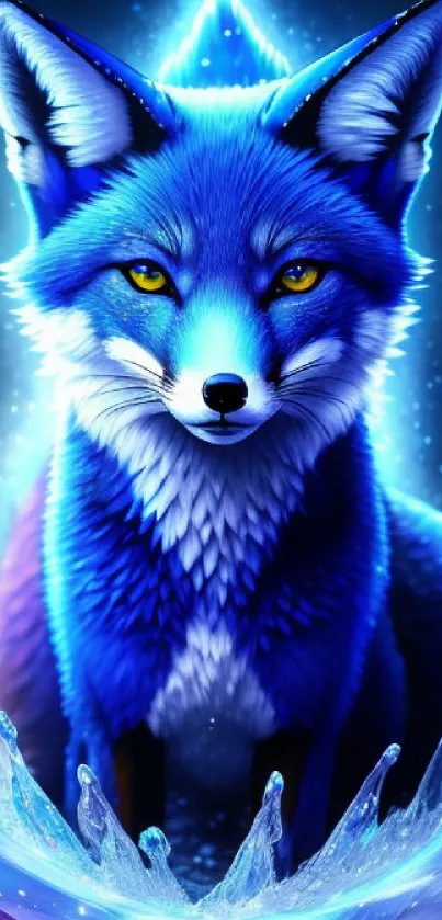 Illustration of a vibrant blue fox with glowing water elements in stunning colors.