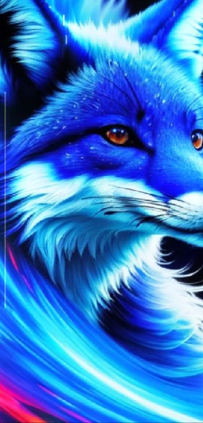 Vibrant blue fox with neon colors in a fantasy art wallpaper.