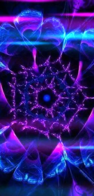 Vibrant blue fractal wallpaper with intricate patterns and purple hues.