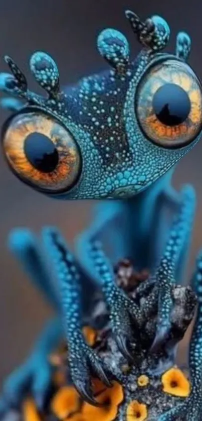 Vibrant blue frog in detailed digital art with orange highlights.