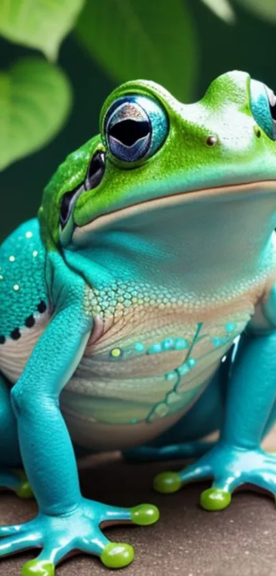 Vibrant blue frog perched on a branch with a blurred green background.