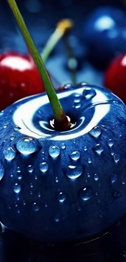 Close-up of a blue fruit with water droplets against a dark background.