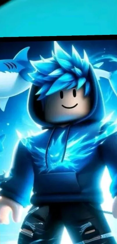 Vibrant blue gamer character art with digital theme.