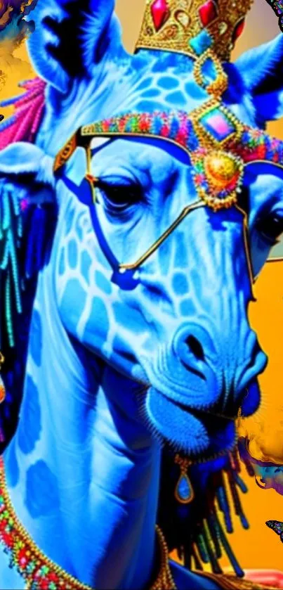 Blue giraffe with jewels on vibrant orange background.