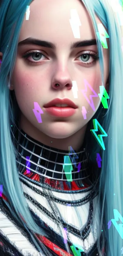 Mobile wallpaper with blue-haired figure and neon lightning effects.