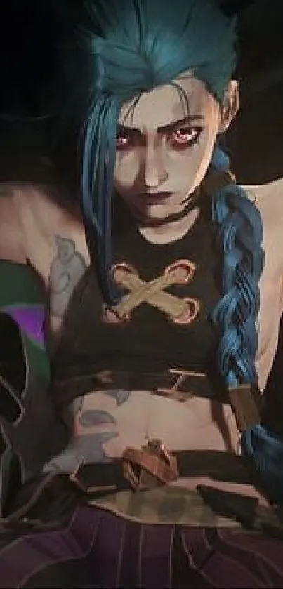 Fantasy character with blue hair and tattoos in a digital artwork.