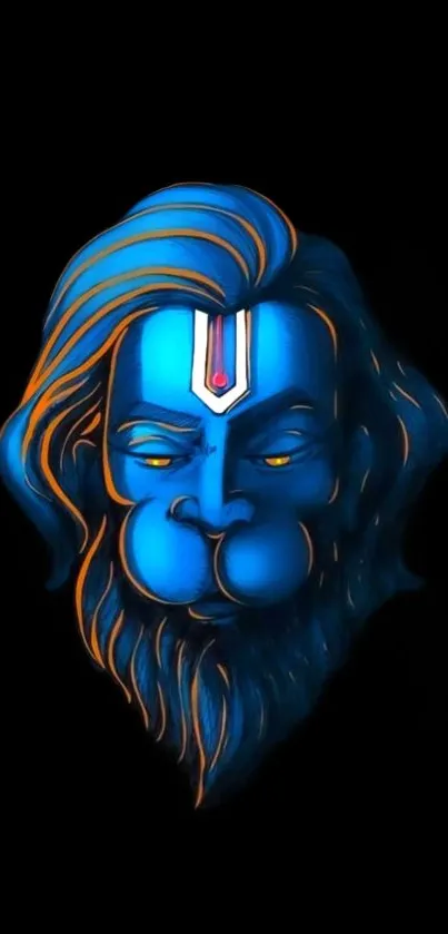 Vibrant blue Hanuman face art on black background wallpaper.