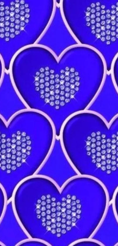 Vibrant blue heart pattern wallpaper with sparkling gemstone hearts.